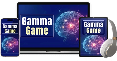 Gamma Game brain training program shown on phone, tablet and laptop with headphones